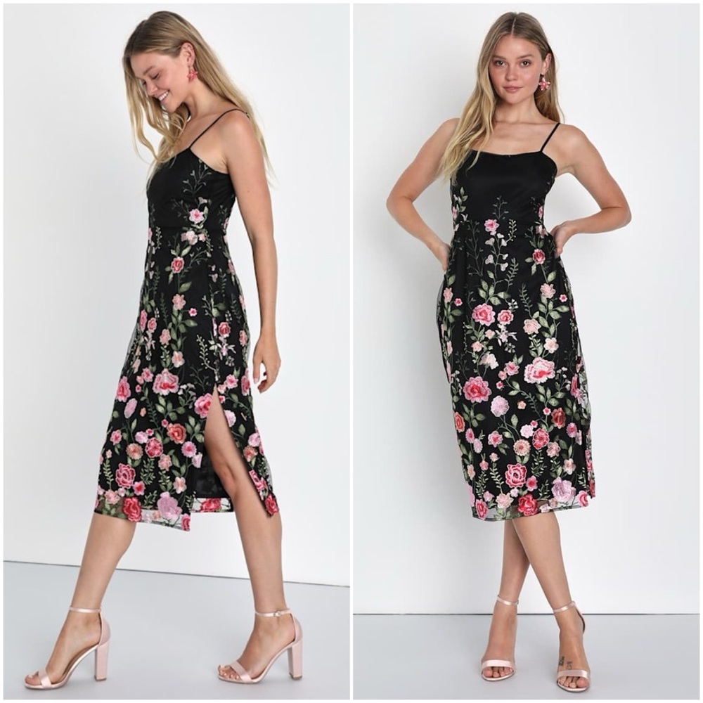 Lulus Blooming for Love Midi Dress XL Black Floral Embroidered Mesh NWT